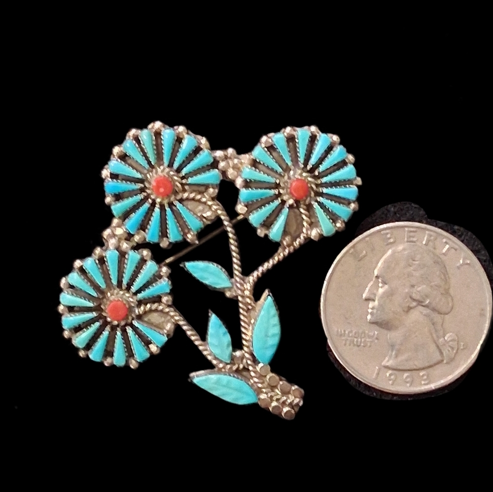 Vintage Zuni Petit Point Turquoise and Coral Floral Brooch/Pendant Signed